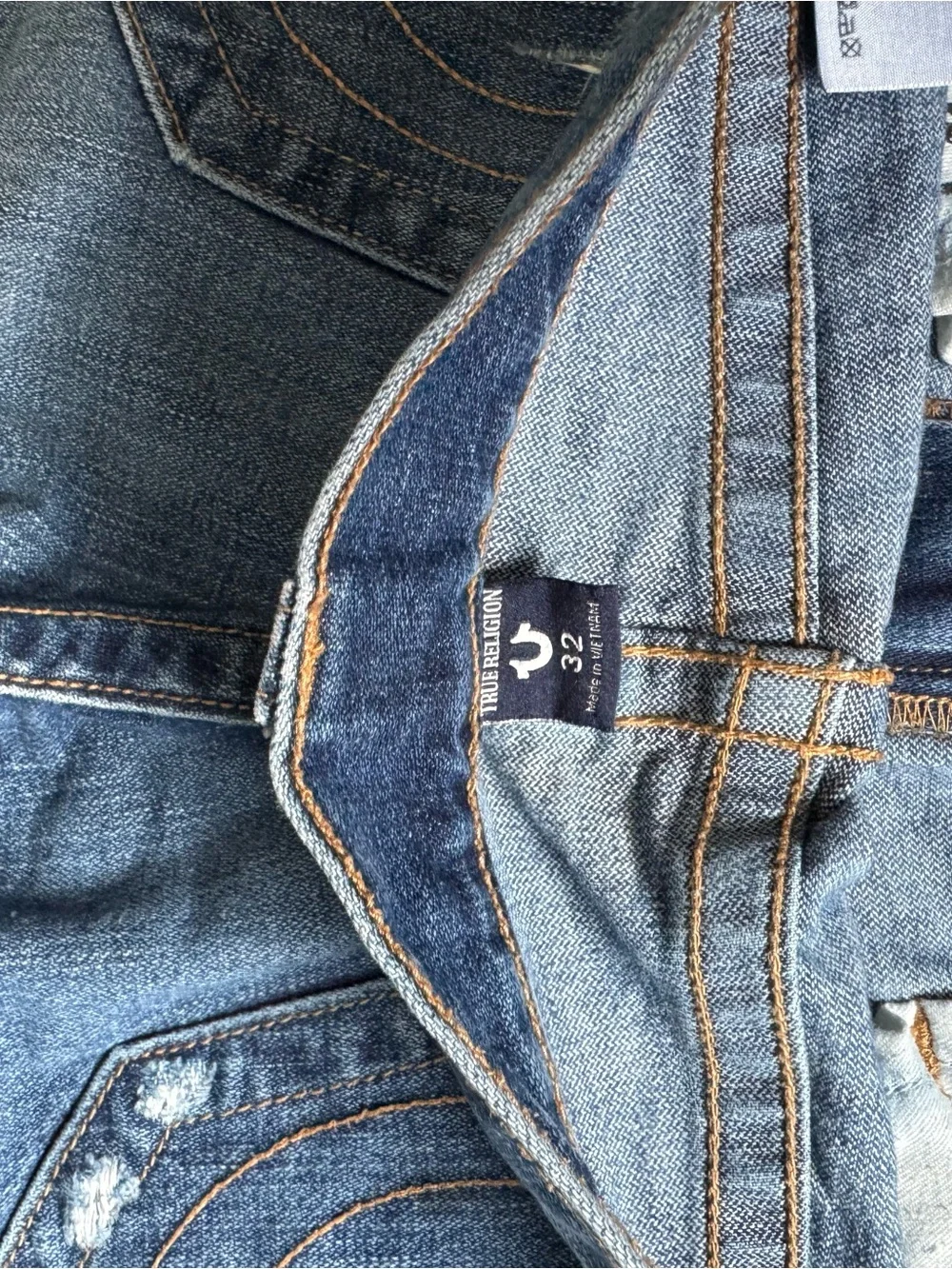 True Religion Men's Distressed Dark Blue Denim Shorts